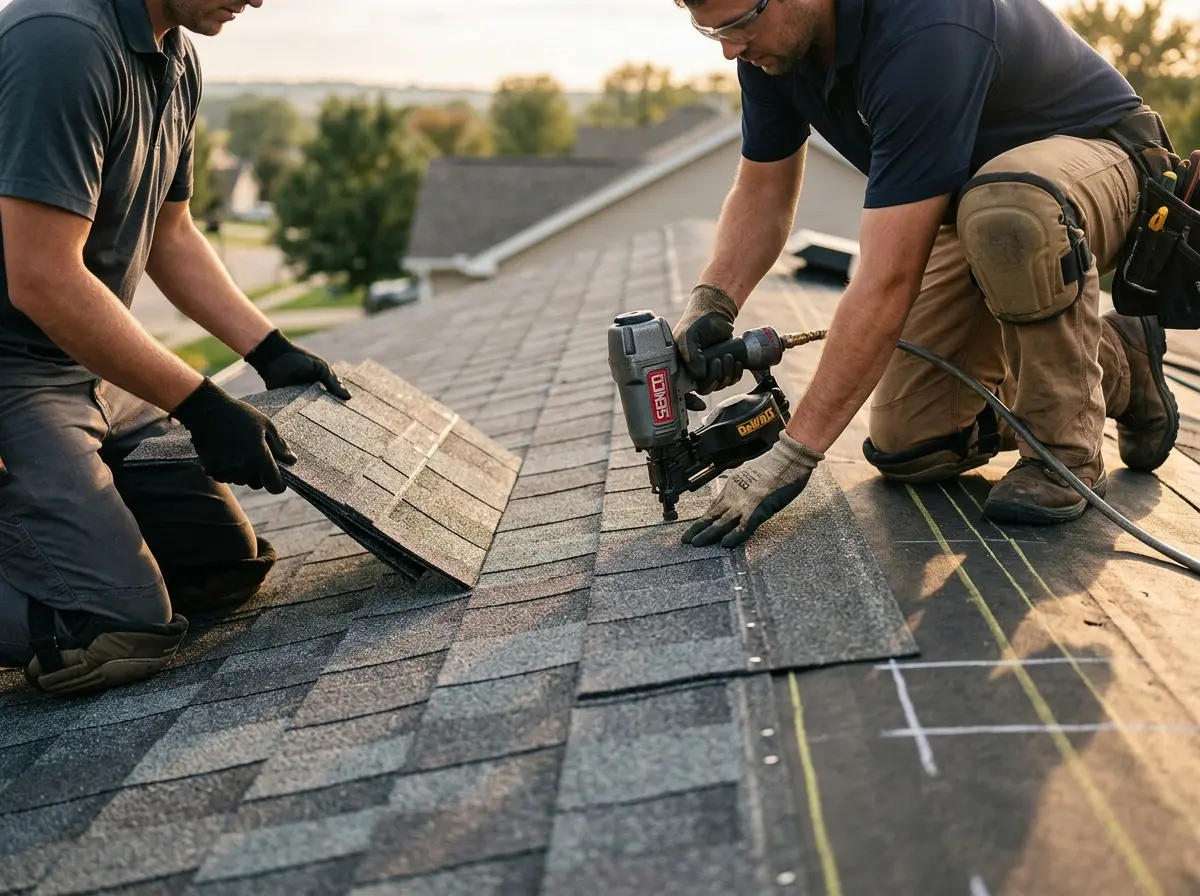 Professional roofer working on a residential roof in St. Helena